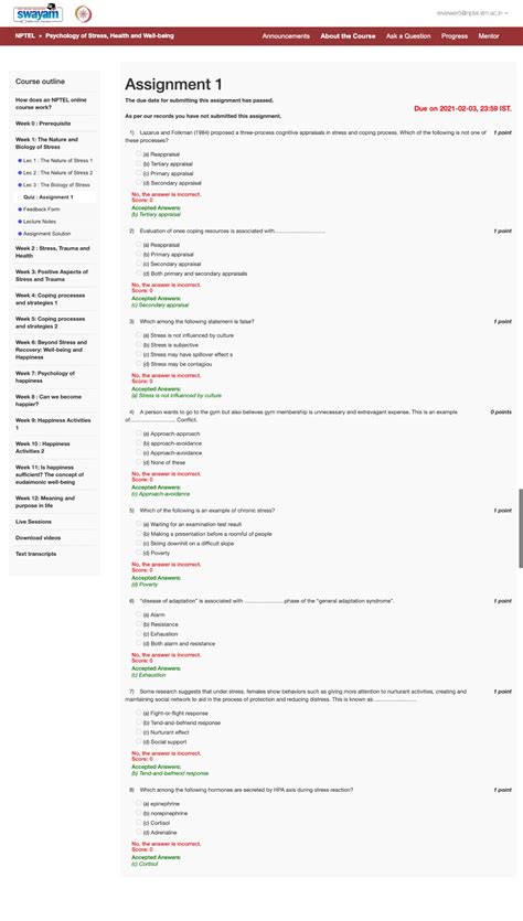 2021 assignment 1 - NPTEL- Psychology of Stress, Health Well-being ...