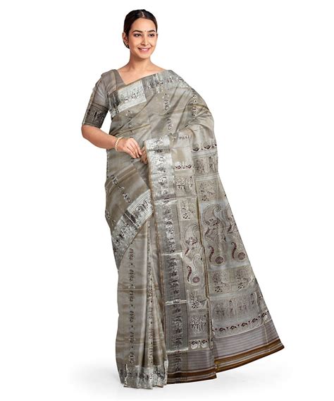 Beige meenakari silk handwoven baluchari saree – GoSwadeshi