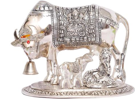 Buy DreamKraft Metal Silver Elegant Kamdhenu cow and calf statue for ...