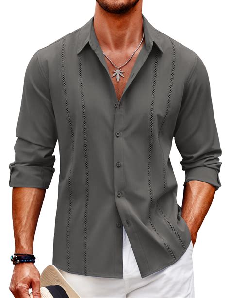 XXL - COOFANDY Mens Cuban Guayabera Shirt Casual Button Down Shirts Long Sleeve Beach Linen ...