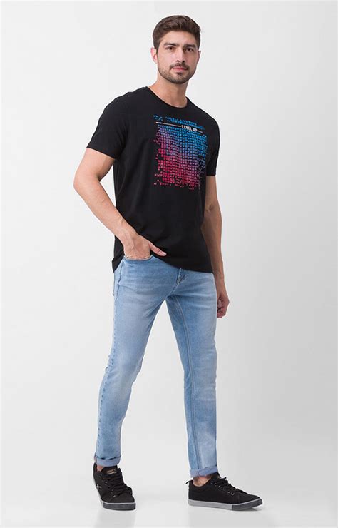 Spykar Black Cotton Half Sleeve Printed Casual T-Shirt For Men