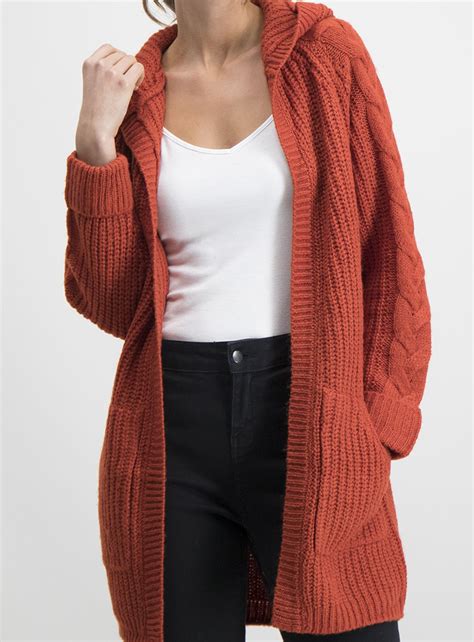 Women's Burnt Orange Hooded Coatigan With Cable Knit Sleeves | Clothes ...