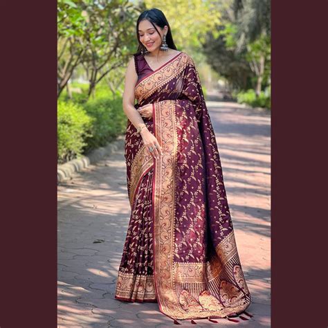 Pure Banarasi Katan Silk Saree with unstitched blouse piece - Maroon ...