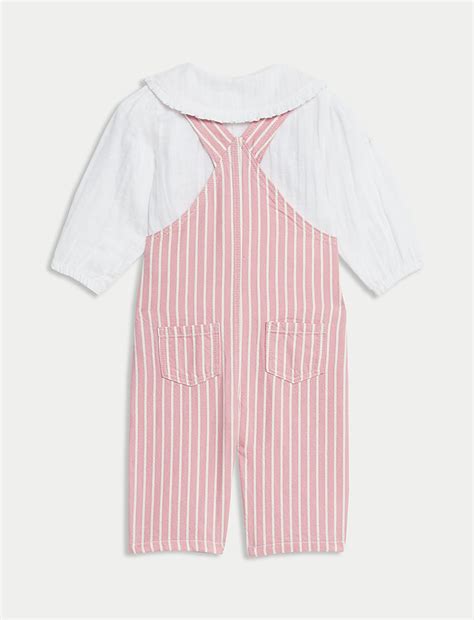 Buy 2pc Pure Cotton Striped Dungarees Outfit (0-3 Yrs) at Marks & Spencer