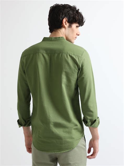 Buy Light Green Men's Chinese Collar Plain Shirt-North Republic