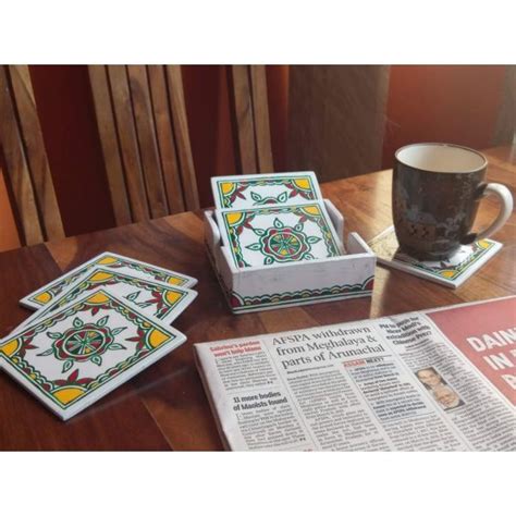 Handmade Wooden Coasters: Manjusha Art - Set of 4 and 1 Box Holder