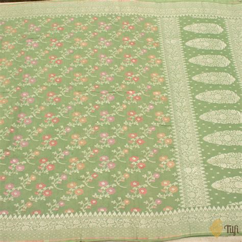 Sage Green Pure Tussar Georgette Silk Banarasi Handloom Saree - Tilfi
