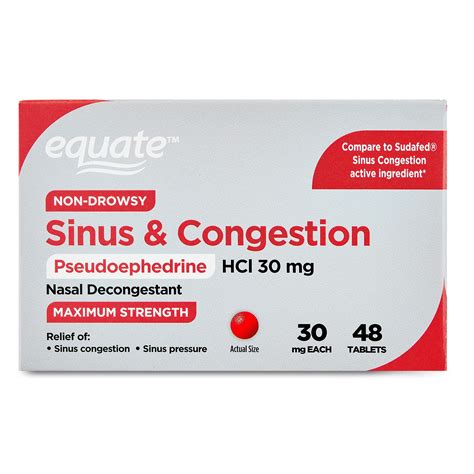 Equate Maximum Strength Pseudoephedrine HCl Sinus and Congestion Relief Tablets, 30 mg, 48 Count ...