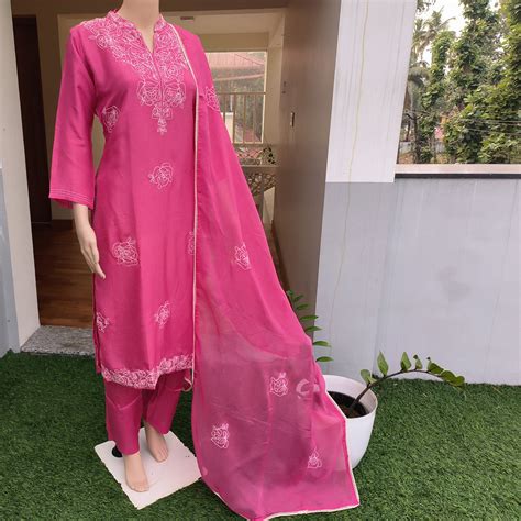 Elegant Rust Pink Russian Silk Kurta Set with Embroidered Details ...