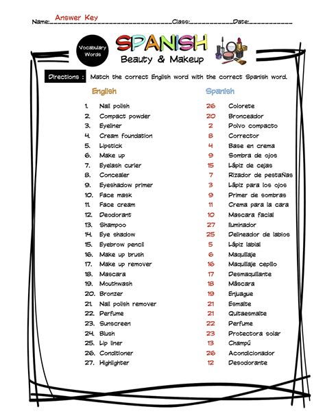 Spanish Beauty & Make Up Vocabulary Matching Worksheet & Answer Key ...