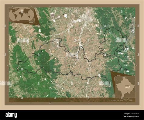 Lipjan, municipality of Kosovo. Low resolution satellite map. Locations and names of major ...