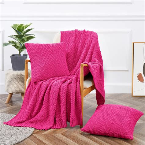 Amazon.com: Homiest Cable Knit Throw Blanket and Pillow Set, Hot Pink ...
