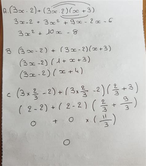On considère l'expression: C = (3x-2)+(3x-2)(x+3) 1) Développer, puis ...