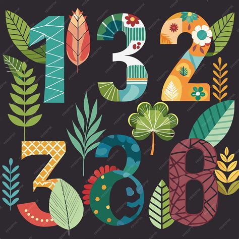 Цветные цифры 1 2 3 7 8 и 9 украшены листьями и цветами на темном фоне ...