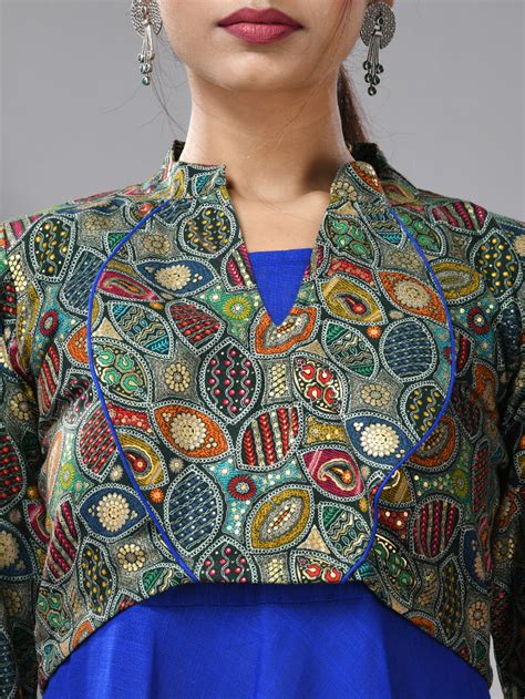 Blue Cotton Handspun Solid Gown With Printed Cropped Jacket – Charukriti