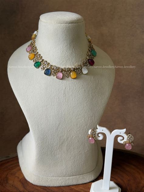MINIMAL NAVARATHNA MULTI COLOR CZ STONES NECKLACE SET – AARVEE JEWELLERY