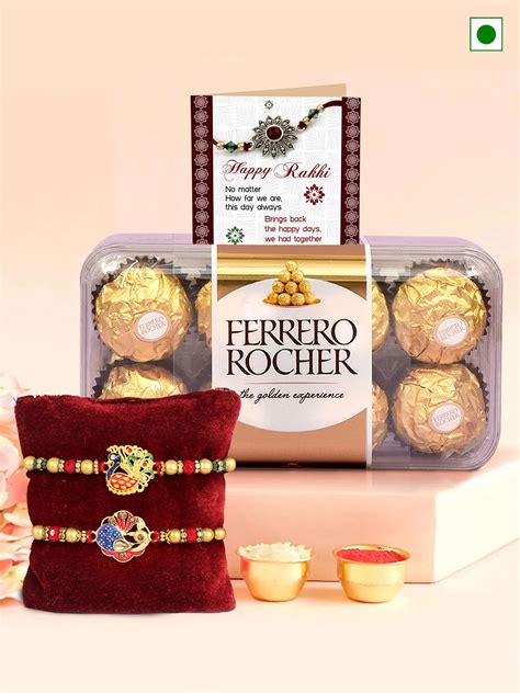 Buy | Pack of 2 Designer Peacock Rakhi | Ferrero Rocher Chocolate (16 ...