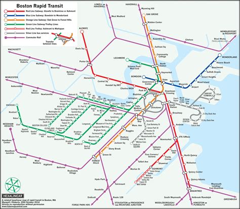 Boston rapid transit map with inner parts of commuter rail lines - new design by Max Roberts ...