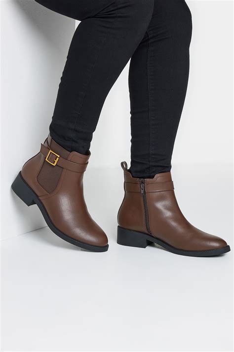 Brown Buckle Faux Leather Ankle Boots In Wide E Fit & Extra Wide EEE ...