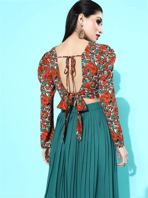 Berrylush Women Red & Sea Green Floral Printed Round-Neck Styled Back
