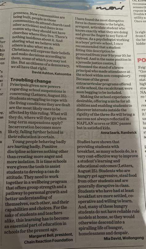 Opinions regarding changes in school suspensions (Sydney Morning Herald, Aug 26) : r ...