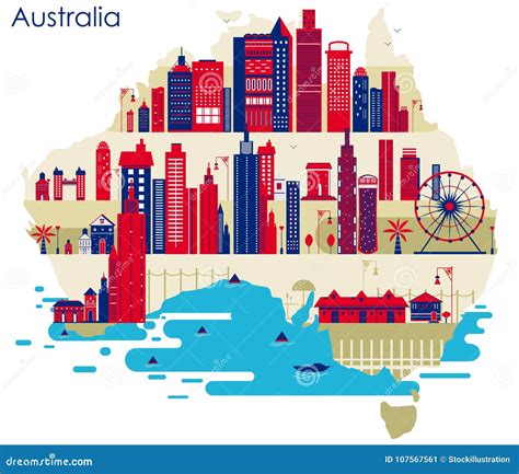 Map of Country Australia with Building and Famous Monument Stock Vector - Illustration of ...