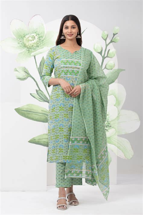Buy Green Cotton Printed Kurta Set with Dupatta Online | Maybell ...