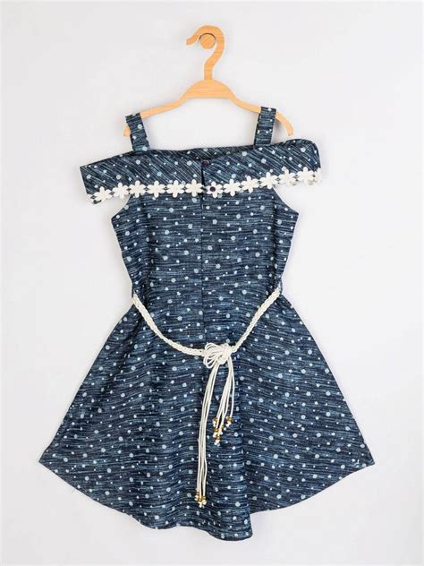 Buy Girls Navy Blue Enzyme Washed Dress With Belt | Peppermint