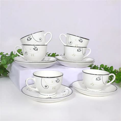 Oasis Fine Bone China Cup & Saucer Set of 12 Silver Line White : Amazon ...