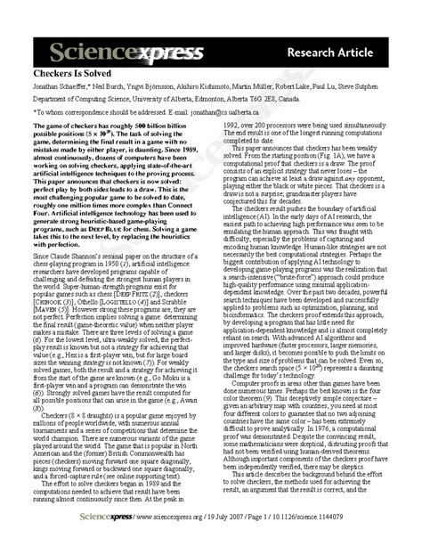 Checkers Is Solved -- Schaeffer et al. 317 (5844): 1518 -- Science