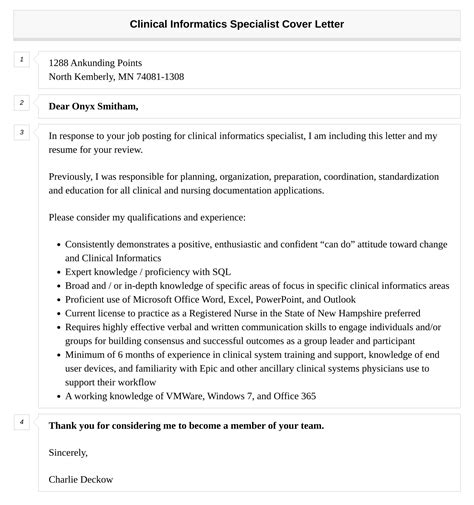 Clinical Informatics Specialist Cover Letter | Velvet Jobs
