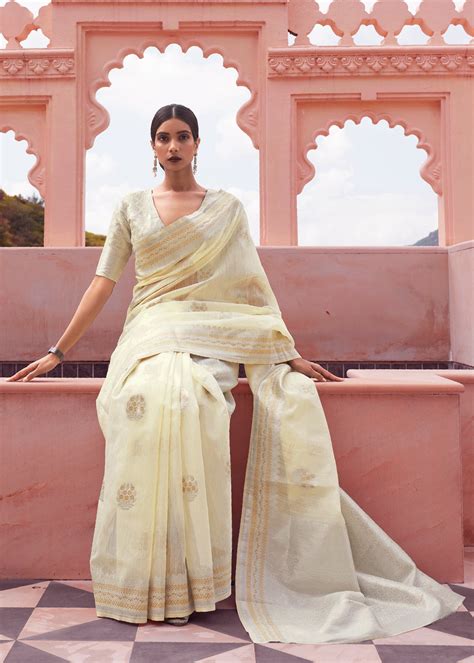 Buy Beige Cream Woven Banarasi Linen Silk Saree Online - MySilkLove