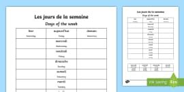 French: Days of the Week Activity Sheet