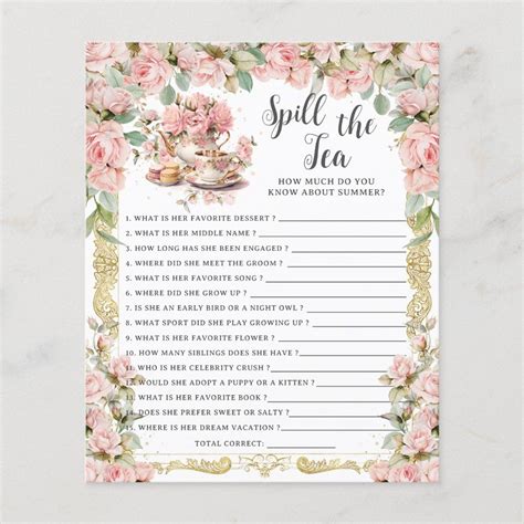 Pink Floral Spill the Tea Bridal Shower Game | Zazzle in 2025 | Tea ...