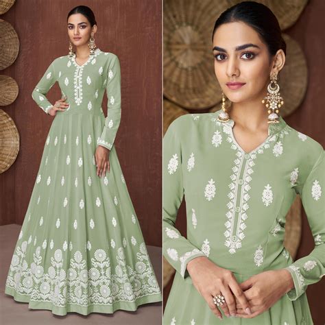 Pista Green Lucknowi Embroidered Georgette Gown
