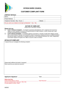 Fillable Online byron nsw gov BYRON SHIRE COUNCIL CUSTOMER COMPLAINT ...