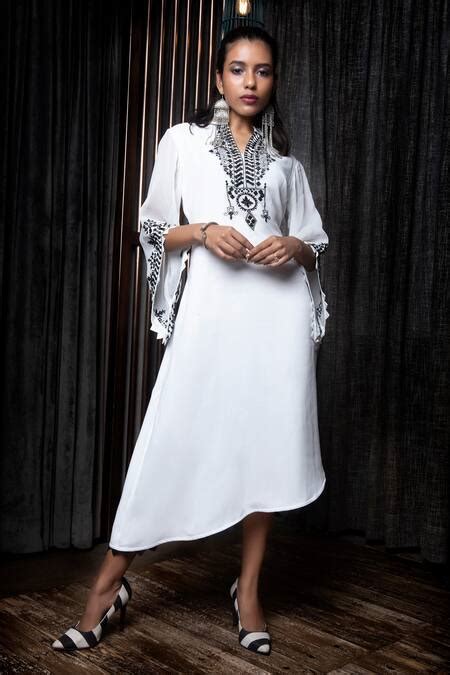 Buy White Georgette Geometric, Mirror Work V Neck Asymmetric ...