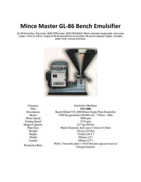 Mince Master GL-86 Bench Emulsifier Brochure | M&M Equipment Corp