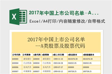 2017年中国上市公司名单-A类股票及股票代码免费下载-Excel表格-工图网