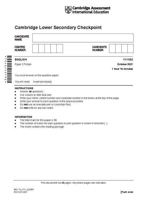 Cambridge Lower Secondary Checkpoint - English 1111/02 Exam Paper - Oct ...