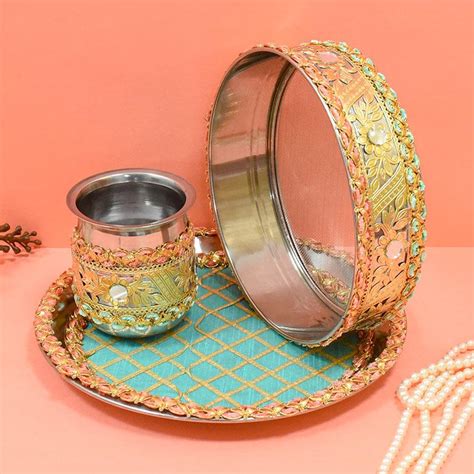 Buy Lush Blue & Gold Karwa Chauth Thali Set Online in India - Mypoojabox.in