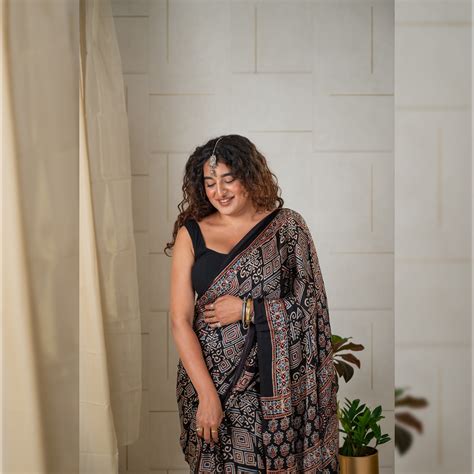 Modal Silk Ajrakh Saree With Natural Dyes - Black with Geometrical Pat ...