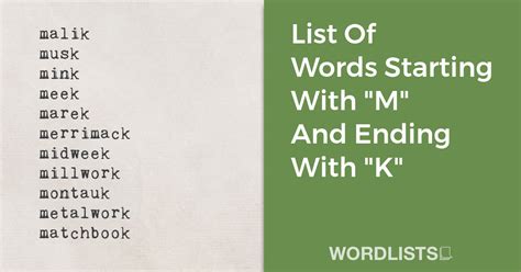 List Of Words Starting With "M" And Ending With "K"