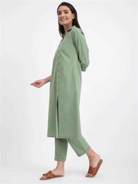 Buy Green Linen Blend A line Kurta Set Online | Pink Fort – Pink Fort ...
