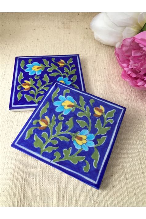 Ram Gopal Blue Pottery Handcrafted 'Flower Tile ' Blue Green (Set of 2 ...