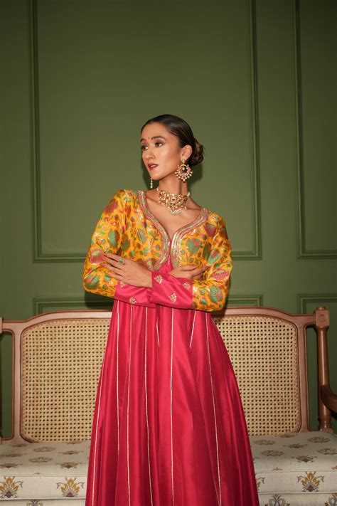 Rani pink silk anarkali set with yellow kimkhwab bodice – Sohni