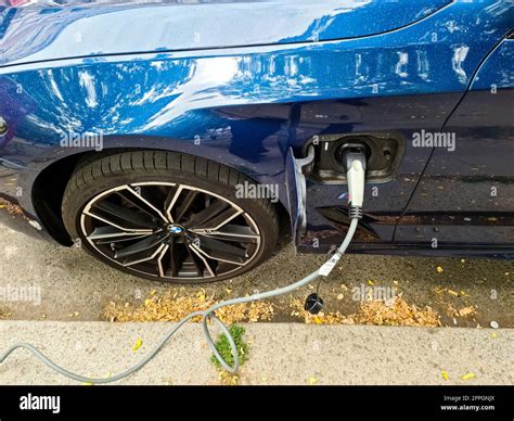 Hamburg, Germany - 03 September 2022: A blue BMW electric car at an ...