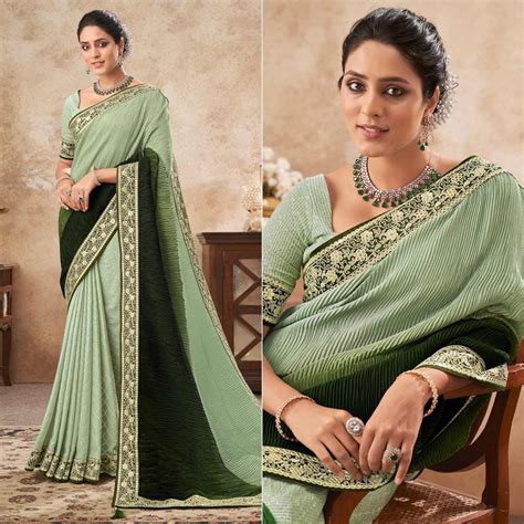 Shaded Green Sequence Embroidered Chiffon Half & Half Saree