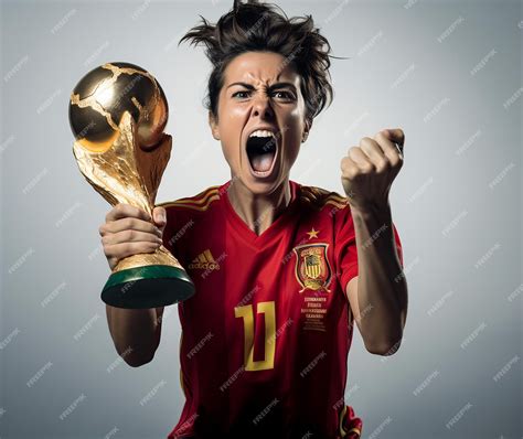 Premium AI Image | Female Spanish soccer player with world cup trophy