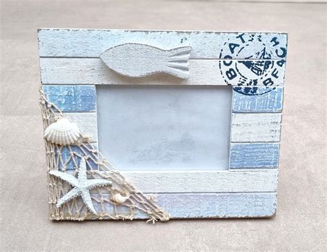 Coastal Wooden Photo Frame, Shells, Wooden Fish, Driftwood, Blue ...